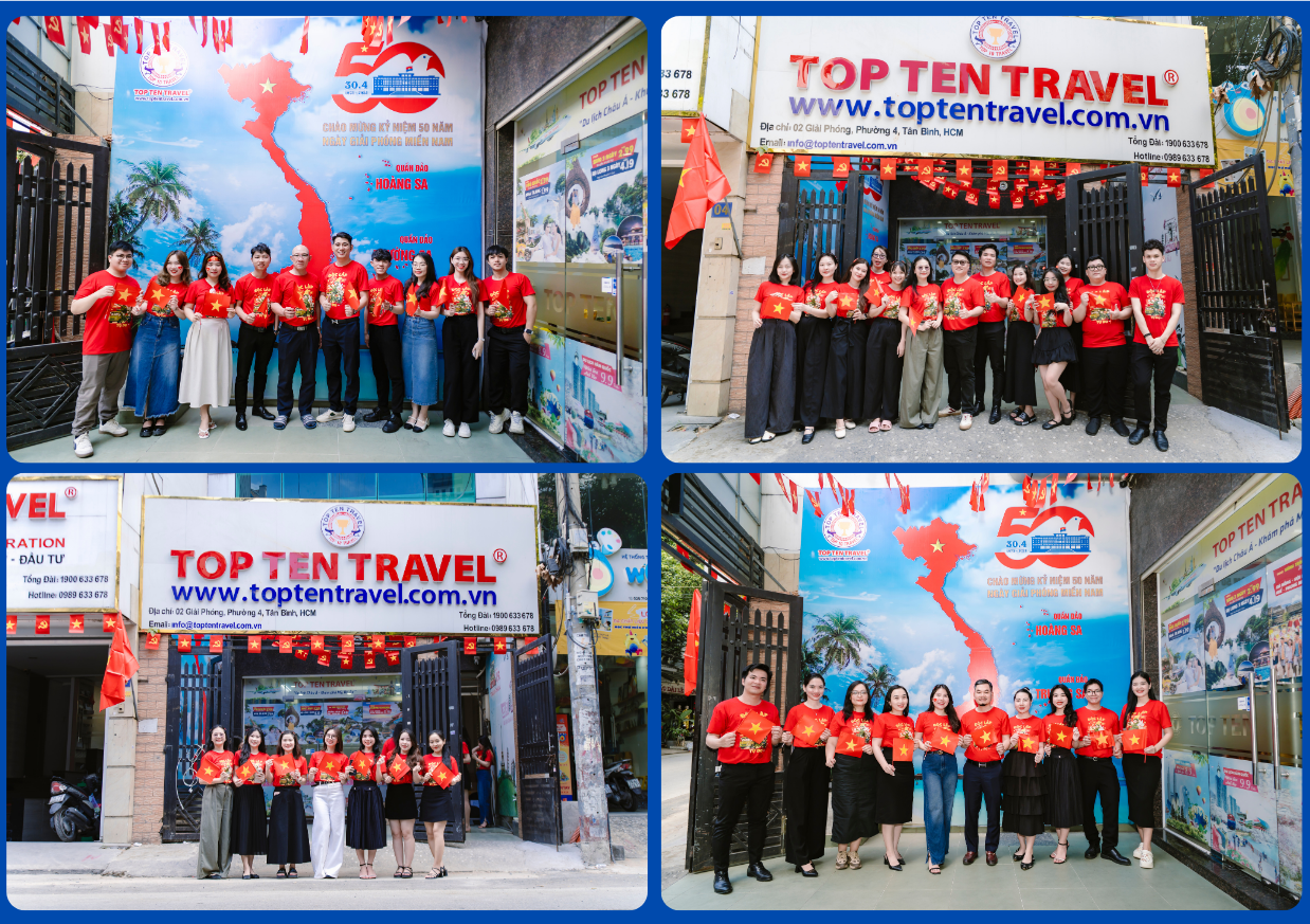 Hình ảnh hàng trăm lá cờ đỏ tung bay tại trụ sở chính của Top Ten Travel