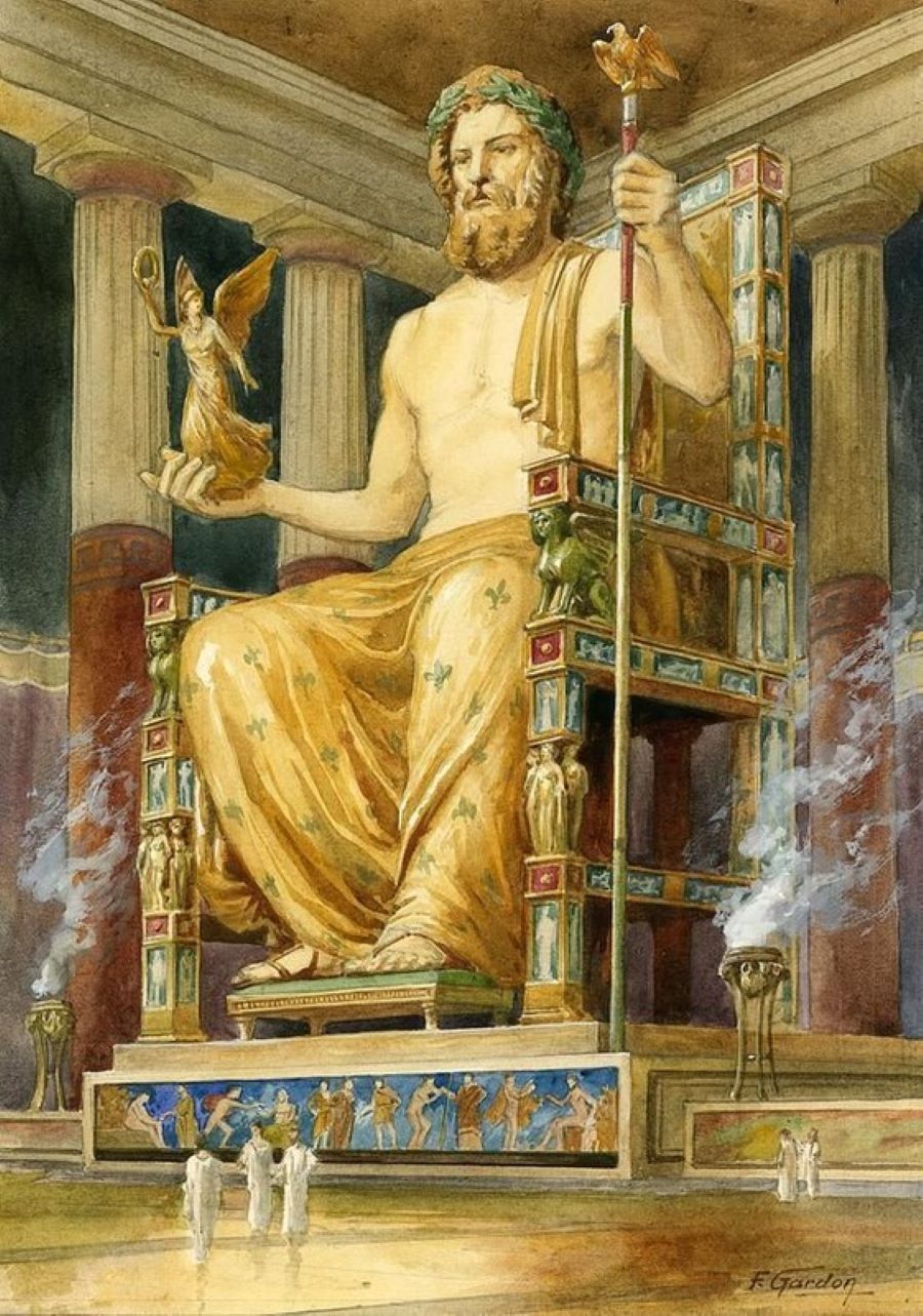Tượng thần Zeus sừng sững cao 12 mét, được chế tác từ những nguyên liệu quý giá nhất