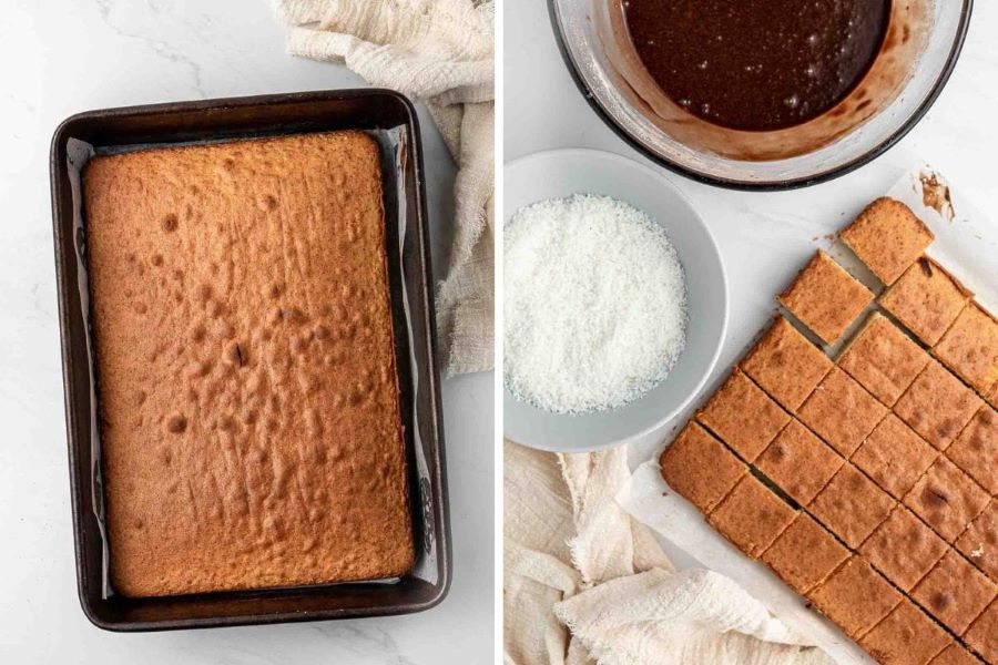 Bánh sau khi nướng để nguội sẽ được cắt thành những khối lập phương nho nhỏ 