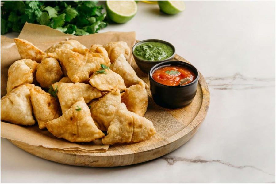 Bánh Samosa có thể thưởng thức cùng với một chút tương ớt hoặc tương cà 