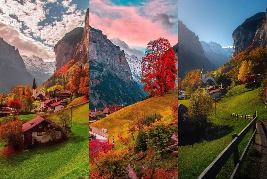 Thung lũng Lauterbrunnen vào thu khoác lên mình vẻ lãng mạn với sắc lá đỏ vàng đan xen