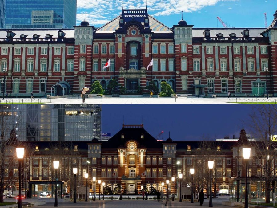 Nhà ga Tokyo sừng sững với màu gạch đỏ và trắng truyền thống, như một biểu tượng bất diệt của thời gian