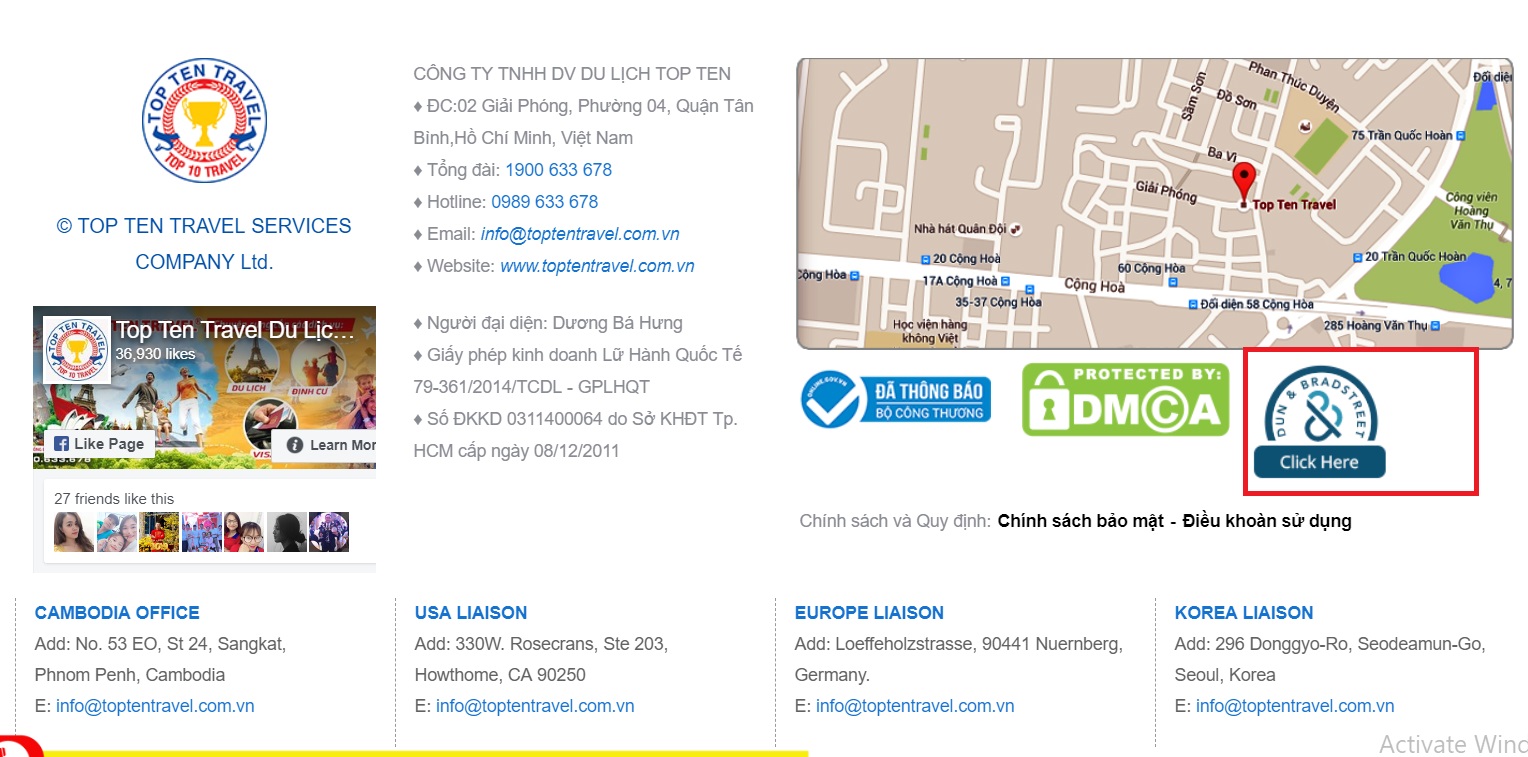 Con dấu điện tử DUNS được gắn trên Website của Top Ten Trvael