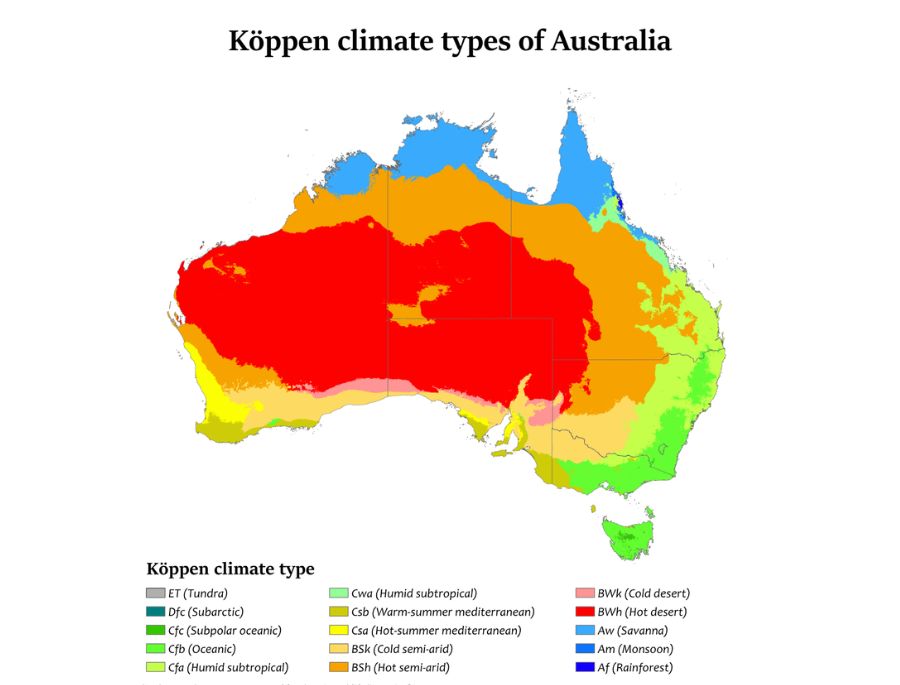 Bản đồ phân bổ thời tiết tại nước úc dựa trên các vùng dặc trưng