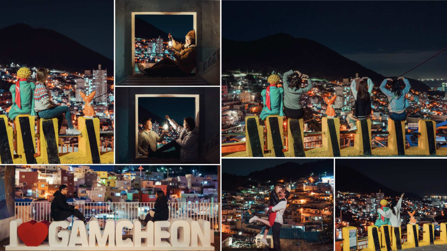 Làng Gamcheon về đêm được trang trí bằng những ánh đèn lấp lánh, tạo nên một khung cảnh vô cùng lãng mạn