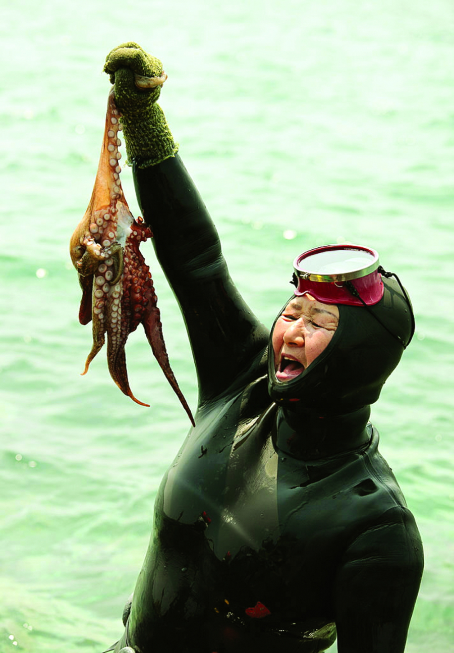 Những người phụ nữ biển tại Seongsan Ilchulbong với kỹ năng lặn biển điêu luyện, đã trở thành biểu tượng của đảo Jeju