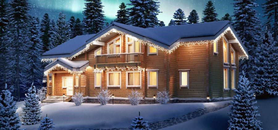 Những ngôi nhà mái gỗ truyền thống phủ một lớp tuyết dày trên mái vào mùa đông