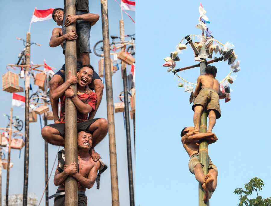 Lễ hội leo cột bôi mỡ khiến người tham gia vô cùng vui vẻ và thú vị