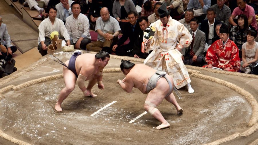 Trận đấu Sumo diễn ra trên sàn đấu bằng đất sét với lớp cát rải lên trên