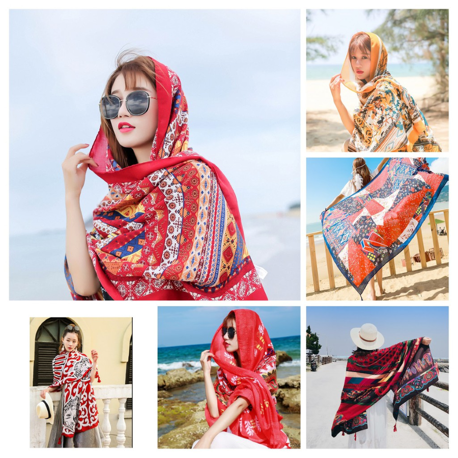 Khăn choàng chẳng những là điểm nhấn tinh tế cho outfits đi biển mà còn giúp bạn thêm phong cách và thời thượng hơn hẳn