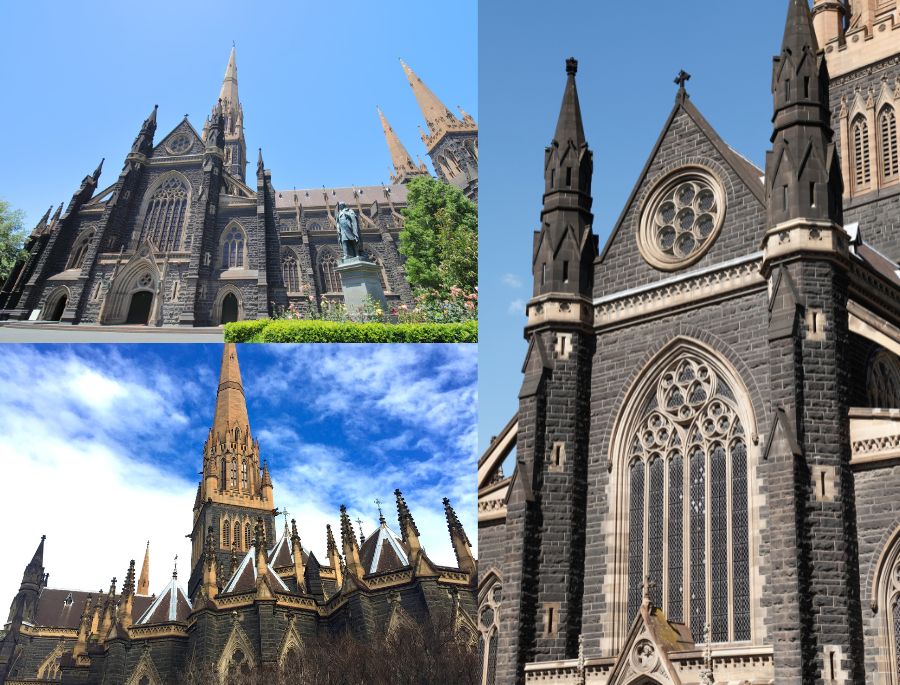 Bề ngoài của nhà thờ có màu sẫm, nổi bật trên nền trời xanh thẳm