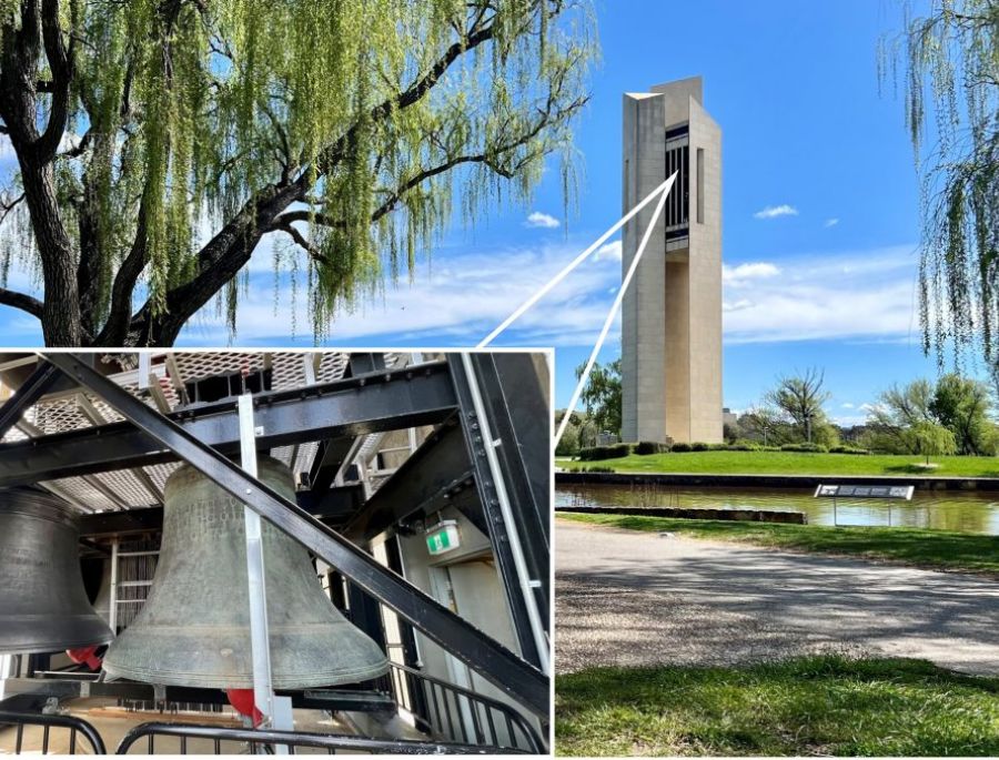 Toàn cảnh tháp chuông National Carillon nổi bật với 53 chiếc chuông với nhiều kích thước khác nhau