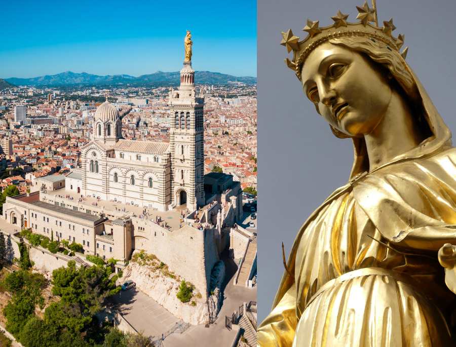 Điểm nhấn của nhà thờ là bức tượng Đức Mẹ bằng đồng được mạ vàng