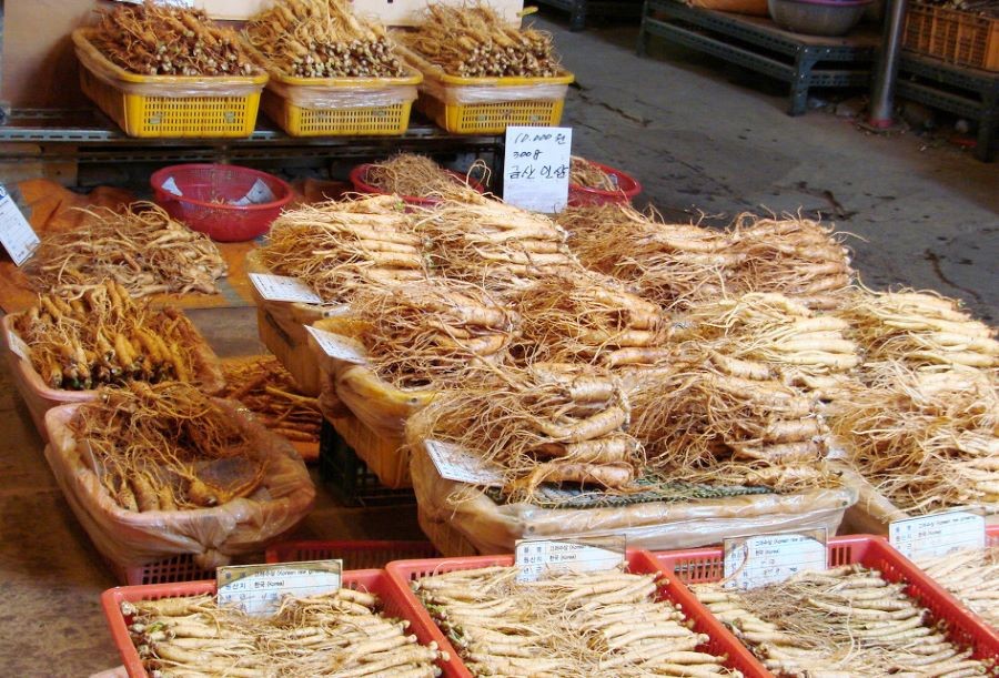 Nhân sâm tươi được bày bán trong chợ sâm Geumsan