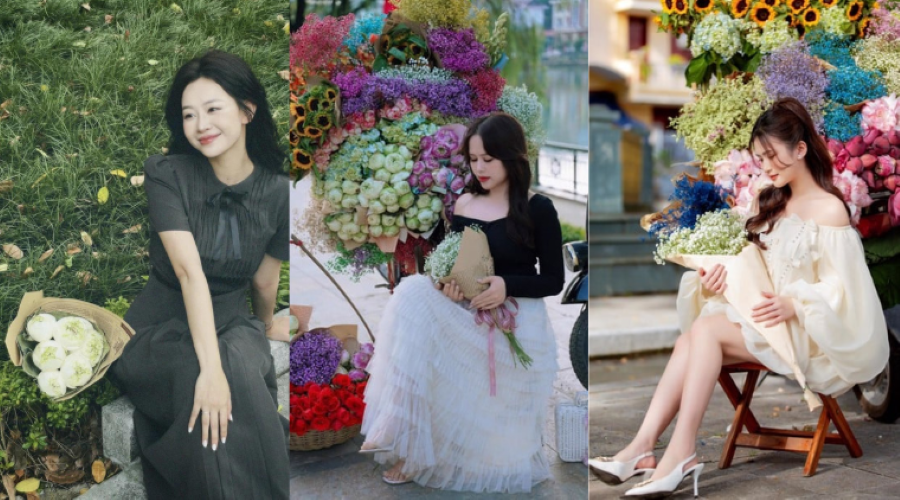 Ngồi dưới vỉa hè và ôm hoa cũng là một trong những tips chụp ảnh với xe hoa Hà Nội dành cho "tín đồ sống ảo"