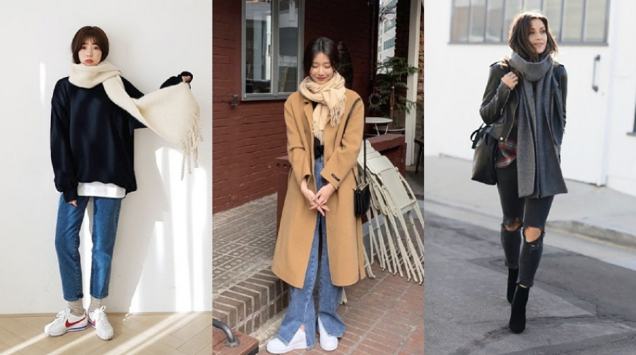 Combo quần dài, áo khoác kèm khăn choàng chính là lựa chọn hoàn hảo cho mùa đông năm nay tại xứ Hàn