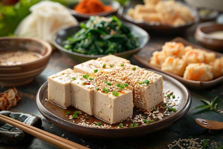 Đậu phụ là một trong những nguyên liệu chủ yếu, được chế biến thành nhiều hình dạng và kết cấu khác nhau