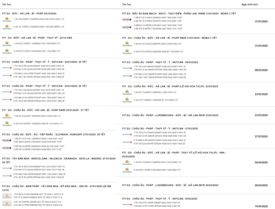 Các chương trình tour Châu Âu của Top Ten Travel đã có lịch trình tới tháng 12/2025