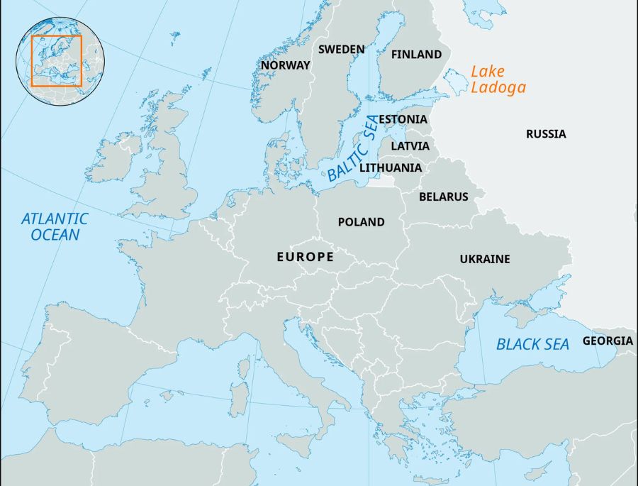 Vị trí của Hồ Ladoga nhìn từ trên bản đồ