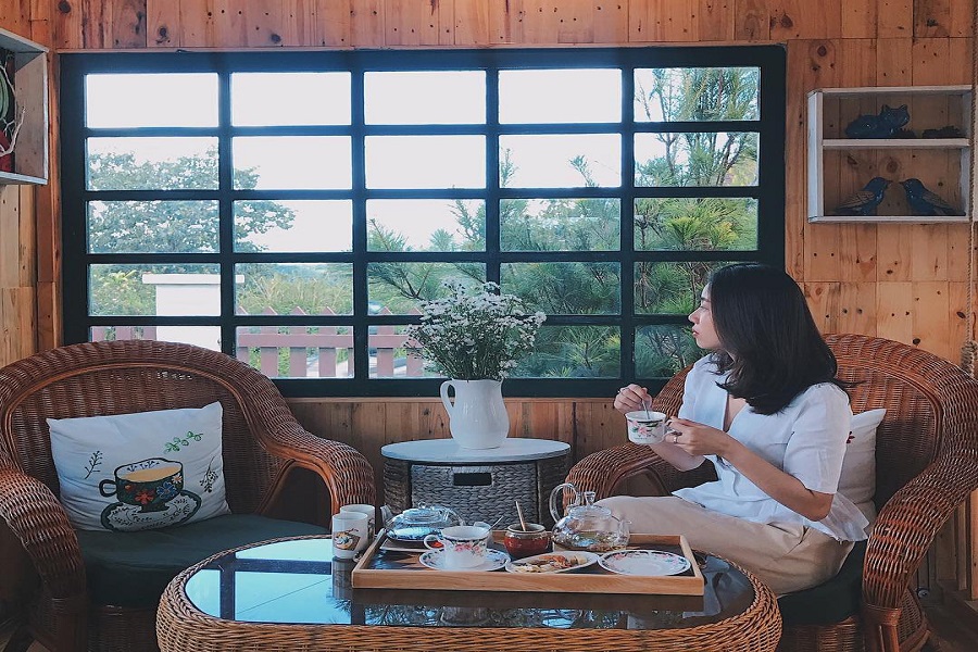 Thưởng thức trà trong căn nhà gỗ ngập tràn hoa Daisy giữa lòng Đà Lạt