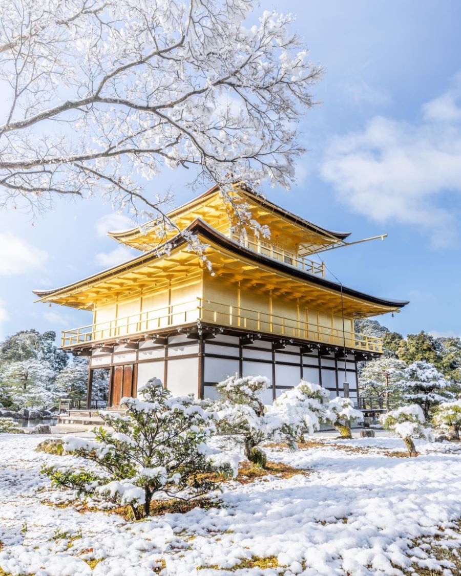 Ngôi đền Kinkaku-ji trở nên lãng mạn hơn giữa bầu trời mùa đông đầy tuyết