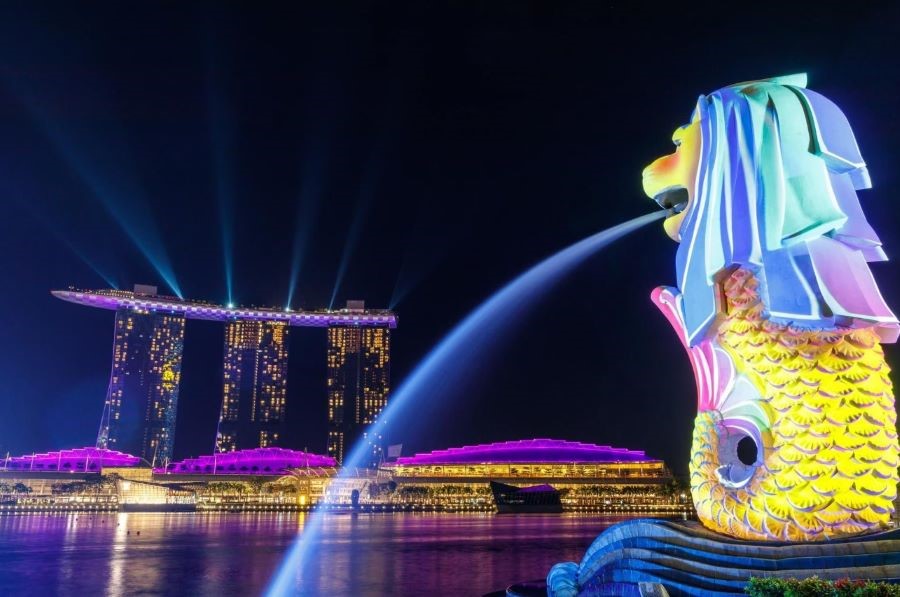 Tượng Merlion lung linh dưới ánh đèn đêm rực rỡ 