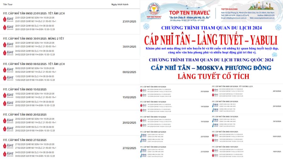 Lịch khởi hành của tour Cáp Nhĩ Tân tại Top Ten Travel vô cùng đa dạng, Khách Hàng có thể dễ dàng lựa chọn sản phẩm phù hợp