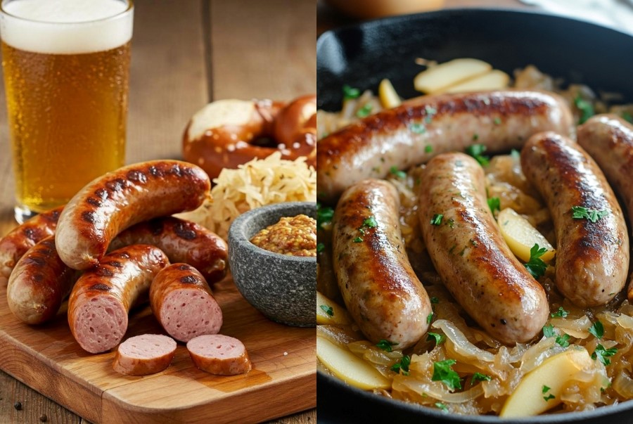 Bratwurst là loại xúc xích nướng nổi tiếng thường xuất hiện tại các lễ hội và quầy đồ ăn đường phố