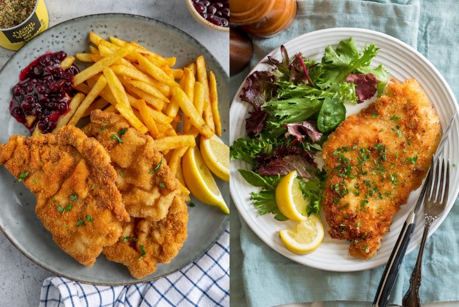 Schnitzel là món thịt chiên xù quen thuộc của Đức với lớp vỏ vàng giòn đặc trưng và phần thịt bên trong mềm ngọt.