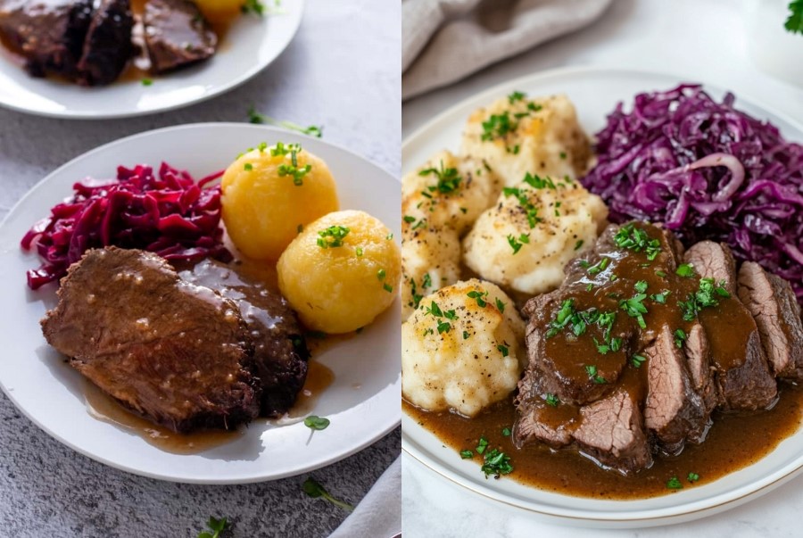 Sauerbraten là món thịt bò hầm nổi tiếng của Đức với hương vị chua dịu đặc trưng từ giấm và rượu vang.