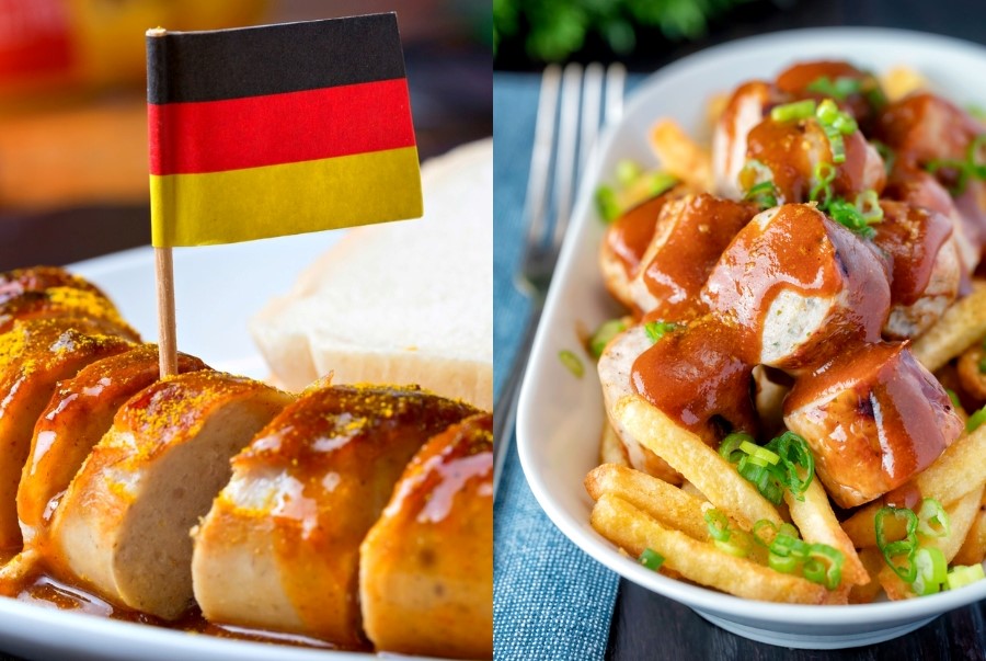 Currywurst là món xúc xích cắt khoanh phủ sốt cà ri đặc trưng của Berlin