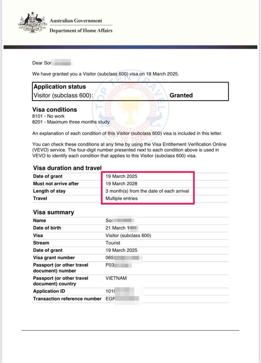 Visa Úc 3 năm với hồ sơ đơn giản của khách hàng nhà Top Ten Travel